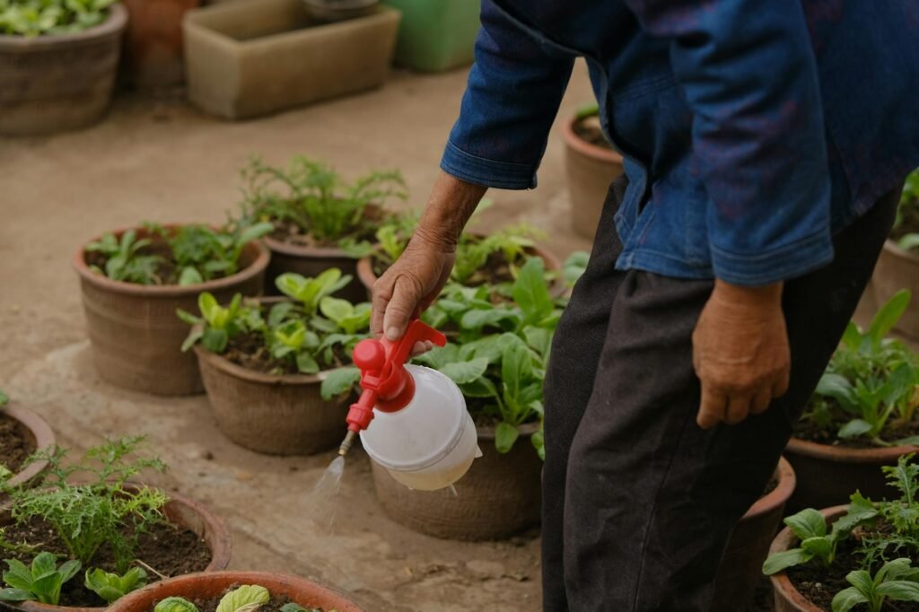 A tidy patio gardening setup with fertilizer, measuring spoon, and a notebook