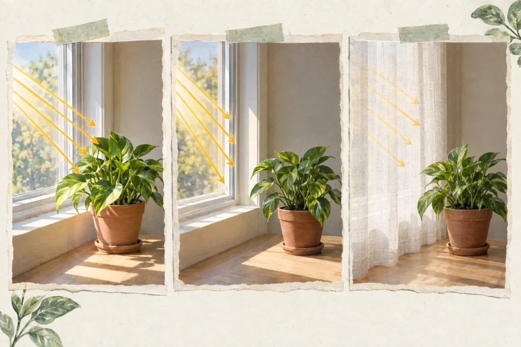 Window diagrams compare direct sun through clear glass, a bright position outside the beam, and sunlight filtered by a sheer curtain.