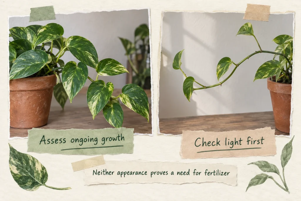 Two pothos growth patterns: consistent leaf development and increasingly stretched stems.