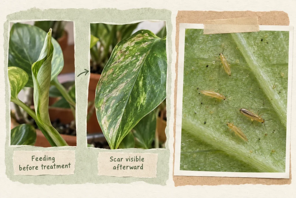 Old thrips injury becoming visible as a leaf expands, compared with a live thrips found during inspection.