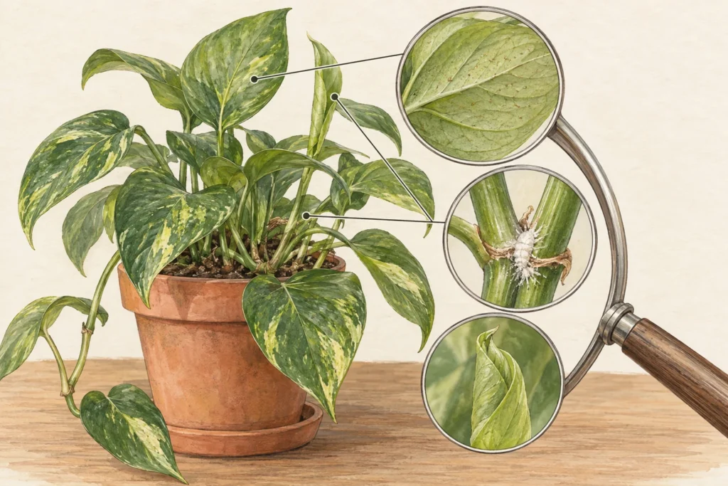 Houseplant illustration highlighting leaf undersides, stem joints, and developing leaves as pest inspection sites.